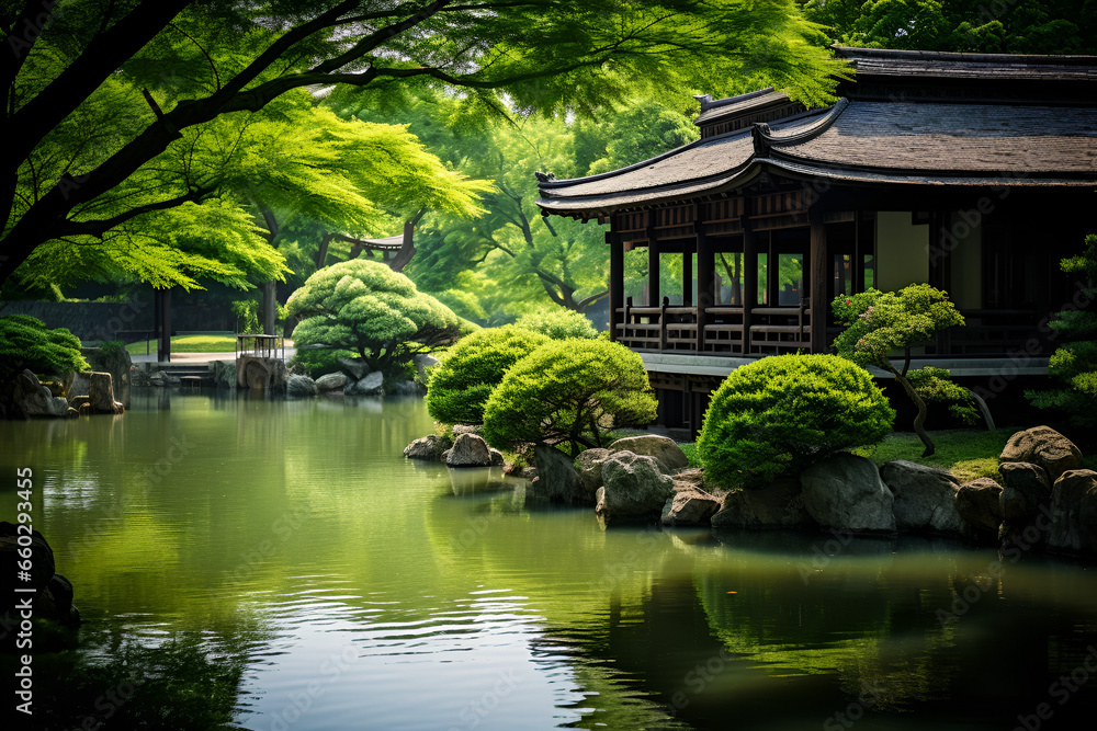 Naklejka premium japanese garden and pond
