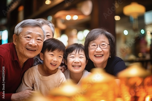 Asian family together. Family photo of an elderly father  daughter and young grandchildren. Children and grandchildren visit elderly parents. Family values. Friendly family. Caring for the elderly.