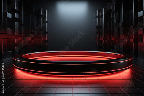 Ai Generated photo red light round podium and black background for mock up realistic image 