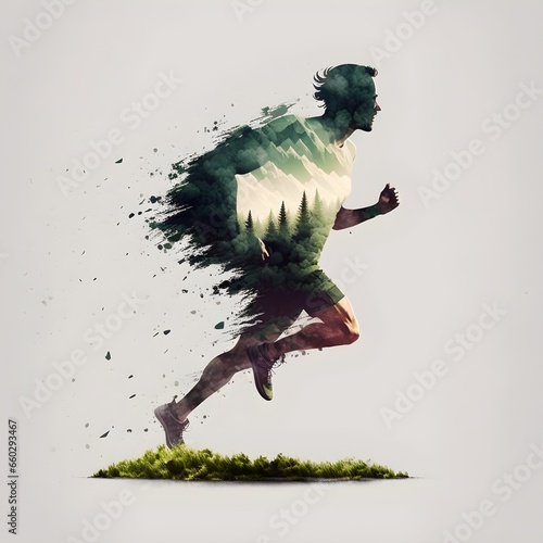 a runner from profile in a realistic style running in the nature  photo