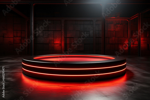 Ai Generated photo red light round podium and black background for mock up realistic image  © Syed Qaseem Raza