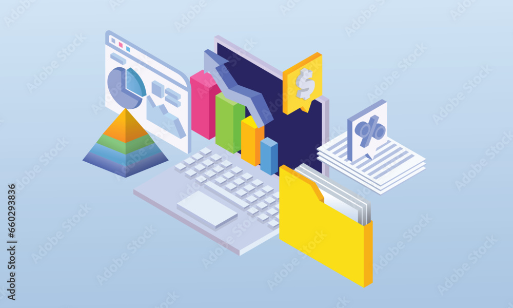 Concept of online analytics data analysis financial reporting research business strategy.on blue background.3D design.isometric vector design Illustration.