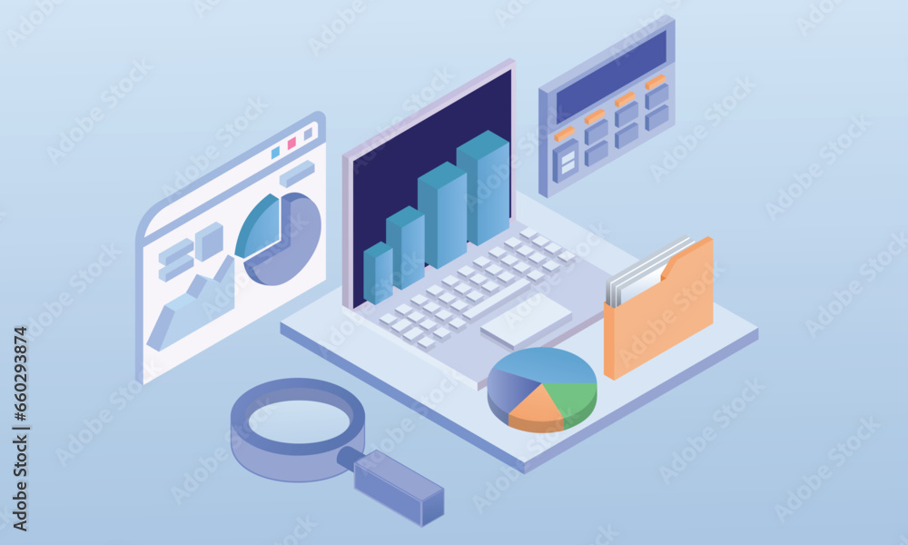 Data analyst and search professional laptop.on blue background.3D design.isometric vector design Illustration.