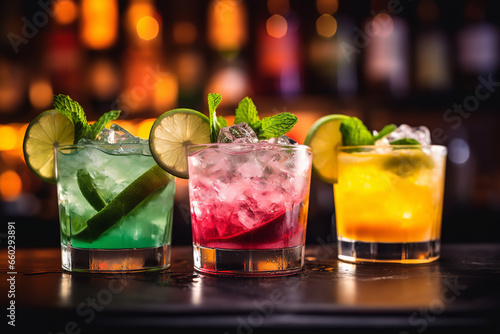 A vibrant photograph of a trio of citrus-infused cocktails, featuring a refreshing blend of tangy flavors and invigorating spirits.  photo