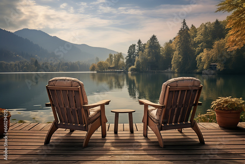 Chairs on a Jetty and a Scenic View of a Lake