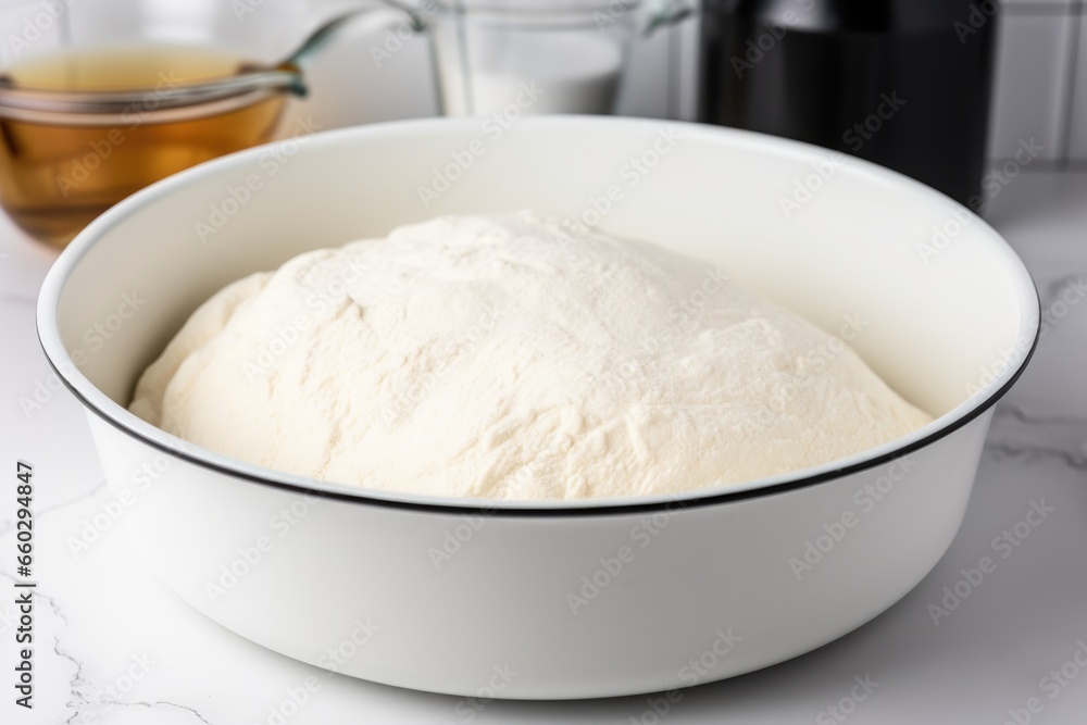 yeast dough rising in a covered bowl