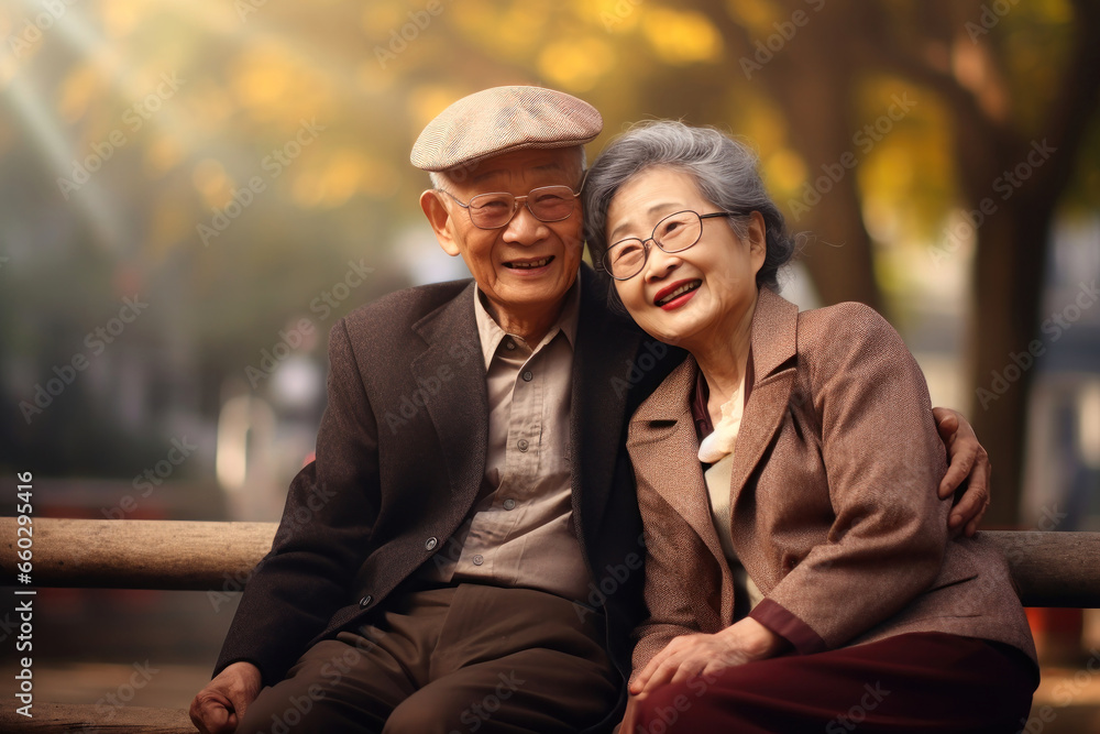 An elderly couple of oriental appearance, Asians, a man and a woman, a bench in the park. Enjoy life. Date. Elderly Asian old people. Relationships in old age. Love and romance. - obrazy, fototapety, plakaty 