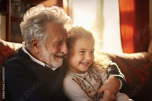 An elderly man with a little girl in the room. They hug, have fun and rejoice at the meeting. Meeting of granddaughter and her grandfather. Caring for the elderly. Family values.