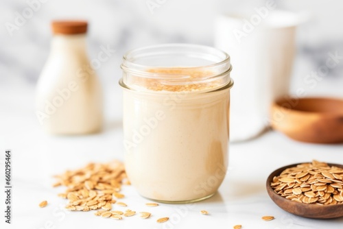 mason jar filled with golden flaxseed and almond milk