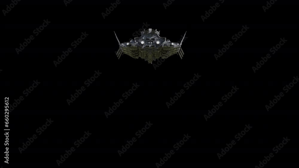 Giant spaceship flying straight distancing from camera, black background suitable for overlay with alpha channel matte blending option, seamless integration into various sci-fi concepts and scenes. Giant spaceship flying straight distancing from camera, black background suitable for overlay with alpha channel matte blending option, seamless integration into various sci-fi concepts and scenes.