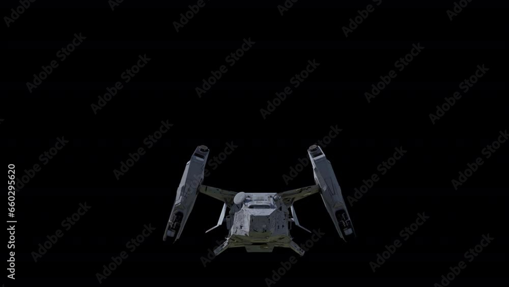 Fighter spaceship landing view - front, black background suitable for overlay with alpha channel matte blending option, seamless integration into various sci-fi concepts and scenes. Fighter spaceship landing view - front, black background suitable for overlay with alpha channel matte blending option, seamless integration into various sci-fi concepts and scenes.