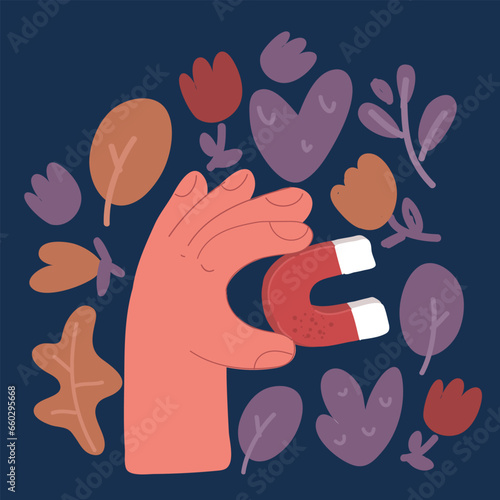 Cartoon vector illustration of hand holding a horseshoe magnet field attracting
