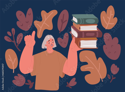Cartoon vector illustration of lady holding book stack