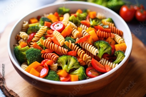 a bowl of alphabet pasta with vibrant veggies sauce