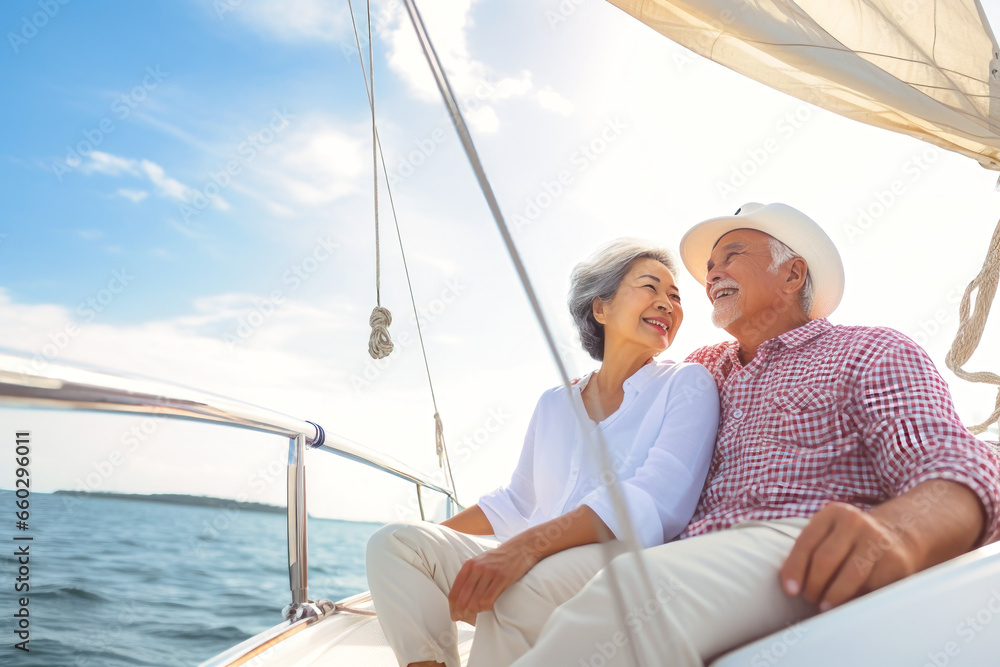 An elderly couple is sitting on a boat or yacht in the ocean. They look at the waves and hug. Sea voyage, vacation. Love and romance of older people