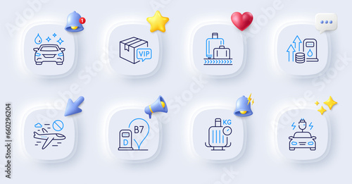 Fuel price, Cancel flight and Diesel station line icons. Buttons with 3d bell, chat speech, cursor. Pack of Car charging, Vip parcel, Baggage reclaim icon. Car wash, Baggage scales pictogram. Vector