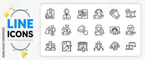 Inspect, Lgbt and Couple love line icons set for app include Teamwork, Market seller, Approved checkbox outline thin icon. Dont touch, Search employee, Clapping hands pictogram icon. Vector