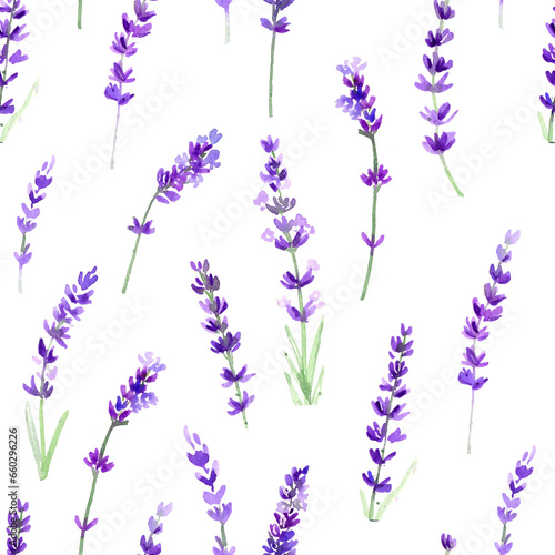 Watercolor lavender flowers seamless pattern. Botanical elegant design for textile in provence style