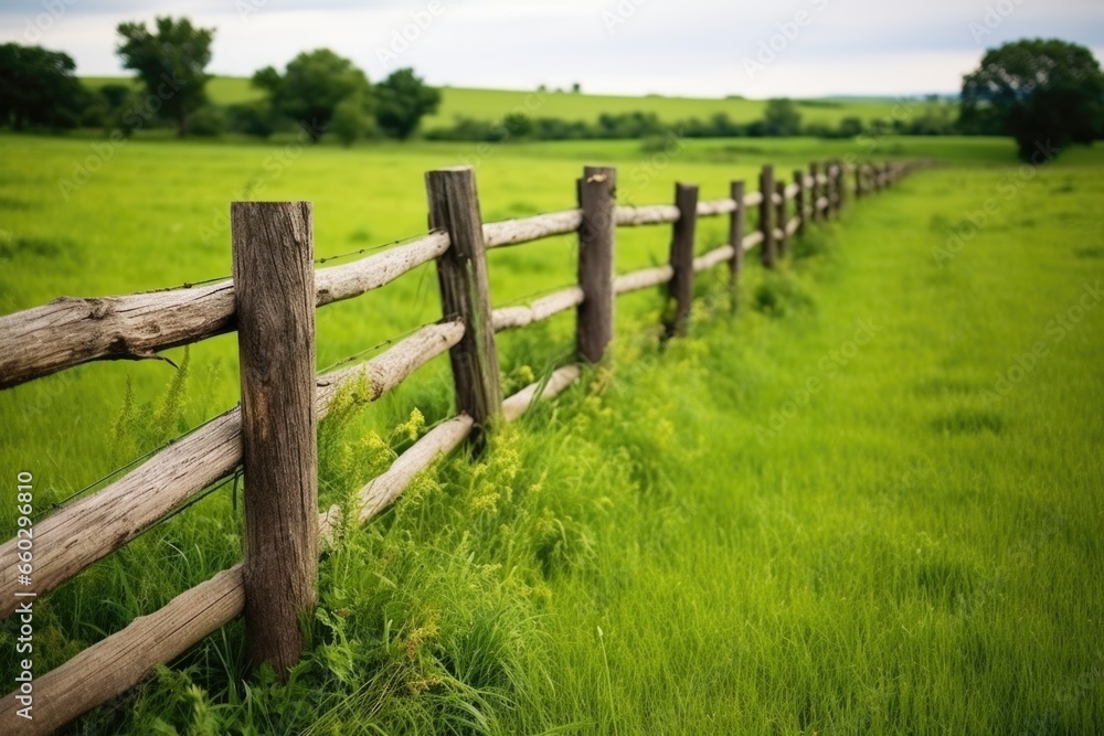 rustic wooden fence against a green field