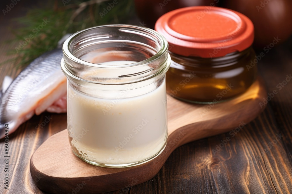 raw fish emulsion in a glass jar raw fish emulsion in a glass jar