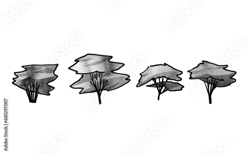 Set of trees. Cluster of plant. landscape and front view. Hand drawn modern illustration. Isolated design element. Poster, print template.