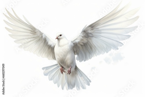 A white dove bird on a white background, depicted in its entirety. Generative AI