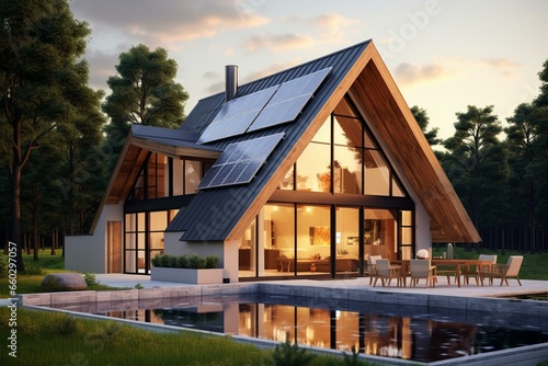 Contemporary residence featuring solar panels on its gable roof. Generative AI photo
