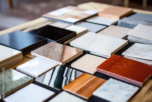 different marble tile samples spread on table