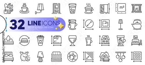 Outline set of Latte, Ceiling lamp and Takeaway coffee line icons for web with Entrance, Deluxe mattress, Waterproof mattress thin icon. Open door, Tea, Wall lamp pictogram icon. Vector