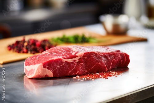 a raw steak left out on a kitchen counter
