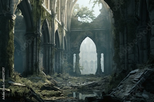 The damaged north transept ruins of a historical building in 1867 depicted in a vintage artwork. Generative AI