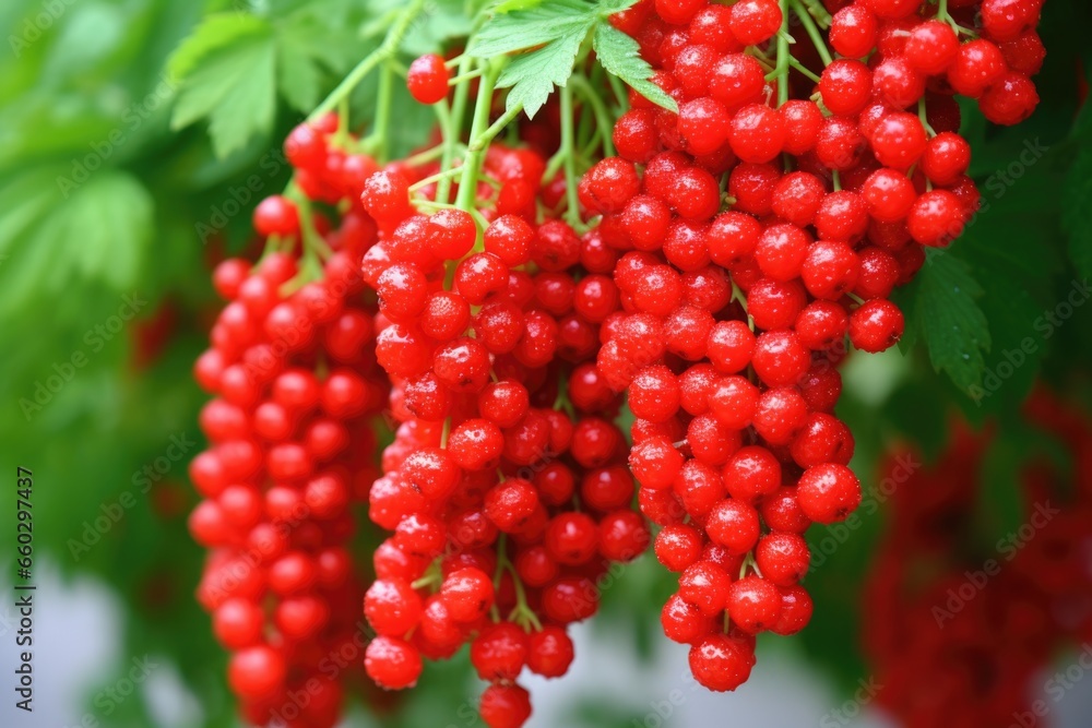 close up of vibrant red strawberries on its bush