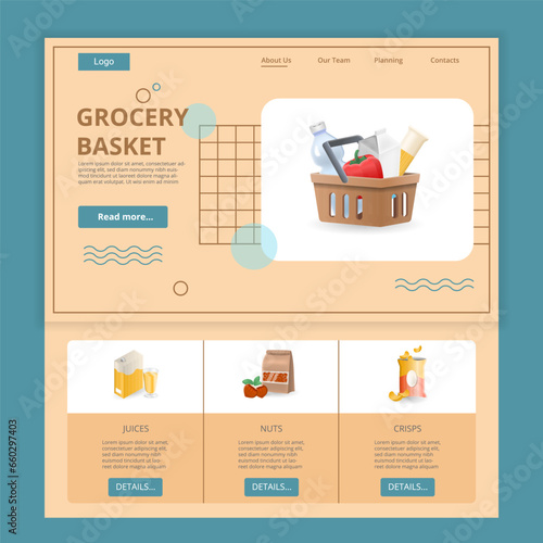 Grocery basket flat landing page website template. Juices, nuts, crisps. Web banner with header, content and footer. Vector illustration.