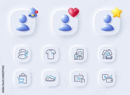 T-shirt, Discount coupon and Pillow line icons. Placeholder with 3d bell, star, heart. Pack of Wallet, Shoes, Sale bags icon. Carry-on baggage, Furniture moving pictogram. Vector