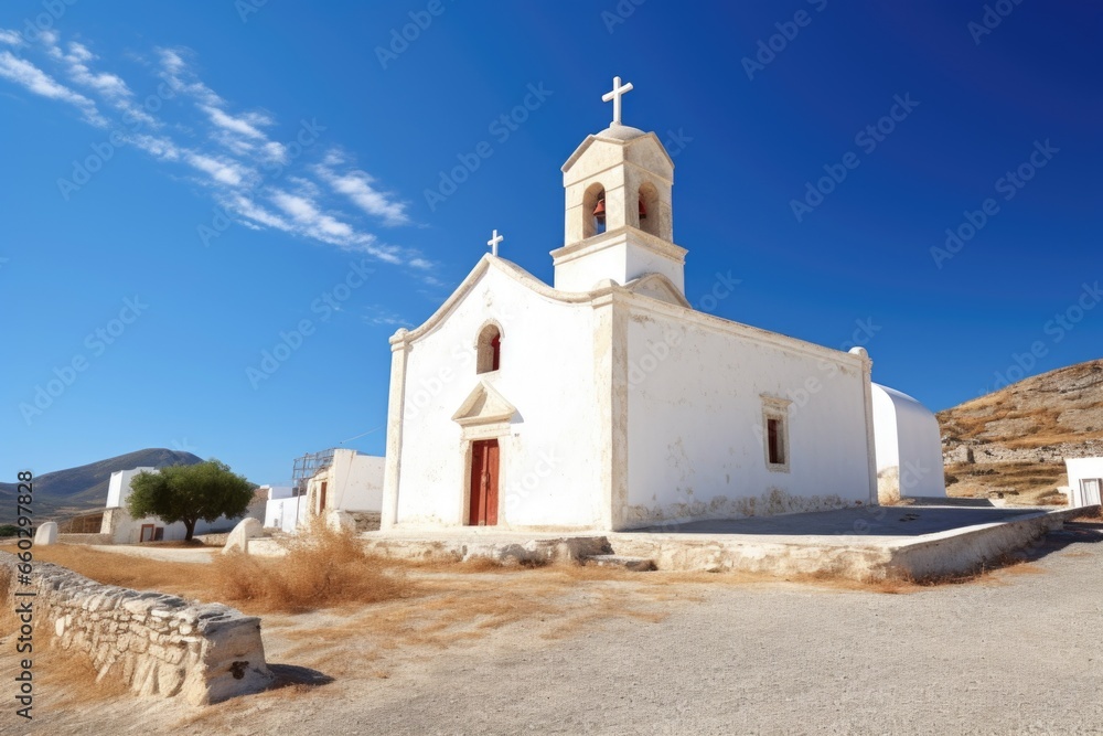 a white-washed church under clear blue skies in greece