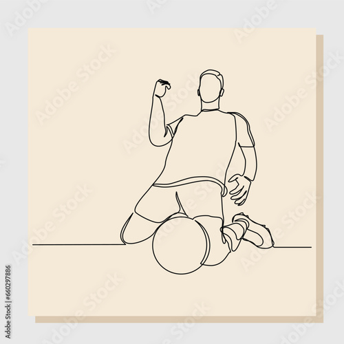 Continuous single line art drawing of football soccer player celebrating victory success goal on competition. Vector illustration one line art of sports concept