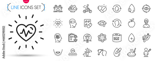 Pack of Electronic thermometer, Cyclist and Capsule pill line icons. Include Dumbbell, Coronavirus, Salad pictogram icons. Eye target, Vegetable, Medical mask signs. Apple. Vector