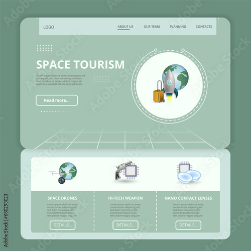 Space tourism flat landing page website template. Space drones, hi-tech weapon, nano contact lenses. Web banner with header, content and footer. Vector illustration.