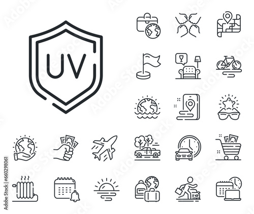 Uv protect sign. Plane jet, travel map and baggage claim outline icons. Sun protection line icon. Sunscreen effect symbol. Uv protection line sign. Car rental, taxi transport icon. Vector
