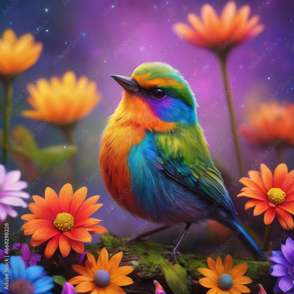 Fototapeta premium Little bird home beautiful natural flowers 