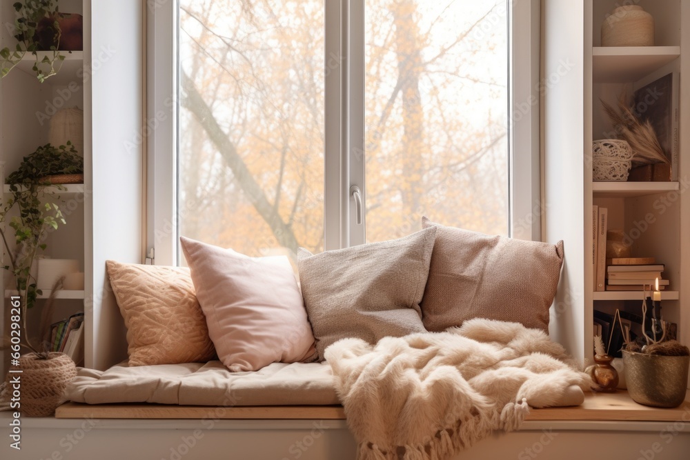 Fototapeta premium cozy window seat with variety of cushions