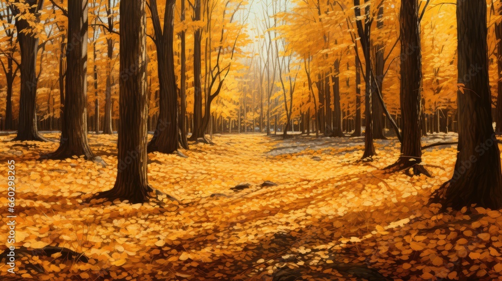 A carpet of golden leaves blankets the forest floor, creating a picturesque scene. Falling leaves natural background.