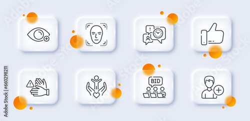 Volunteer, Online auction and Add person line icons pack. 3d glass buttons with blurred circles. Farsightedness, Like, Time management web icon. Dont touch, Face detection pictogram. Vector