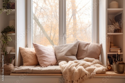 cozy window seat with variety of cushions