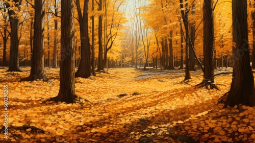 A carpet of golden leaves blankets the forest floor  creating a picturesque scene. Falling leaves natural background.