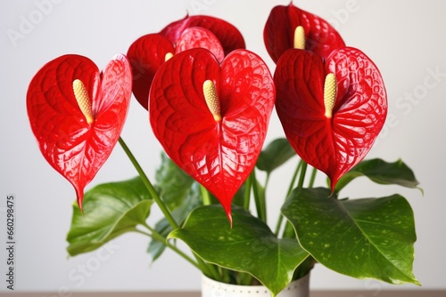 an elegant anthurium with glossy red heart-shaped flowers