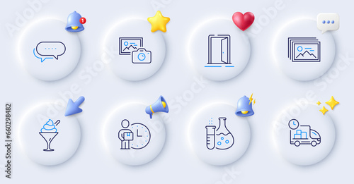 Delivery man, Dots message and Photo camera line icons. Buttons with 3d bell, chat speech, cursor. Pack of Open door, Image gallery, Ice cream icon. Delivery, Chemistry flask pictogram. Vector