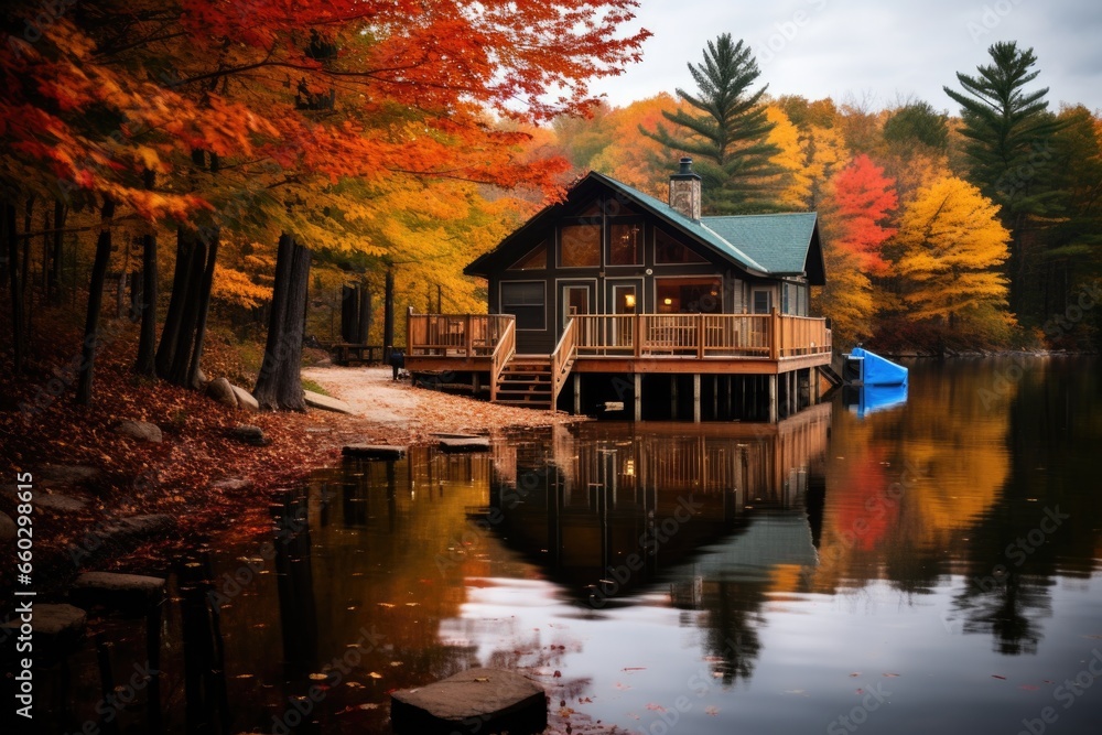 Fototapeta premium lakeside cabin surrounded by autumn foliage
