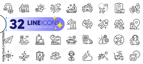 Outline set of Inventory checklist, Battery and Shipping support line icons for web with Cash transit, Gift, Bicycle lockers thin icon. Food delivery, Car parking. Design with yellow 3d stars. Vector