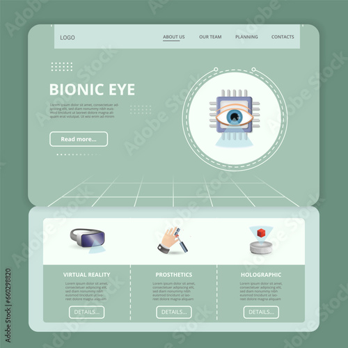 Bionic eye flat landing page website template. Virtual reality, prosthetics, holographic. Web banner with header, content and footer. Vector illustration.